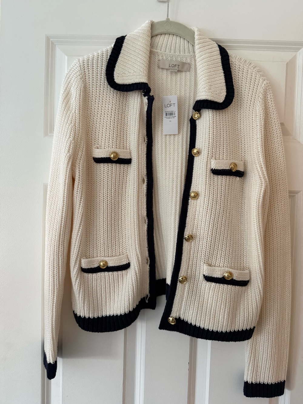 NWT LOFT Tipped Ribbed Sweater Jacket Cardigan Ivory Navy Gold Buttons M